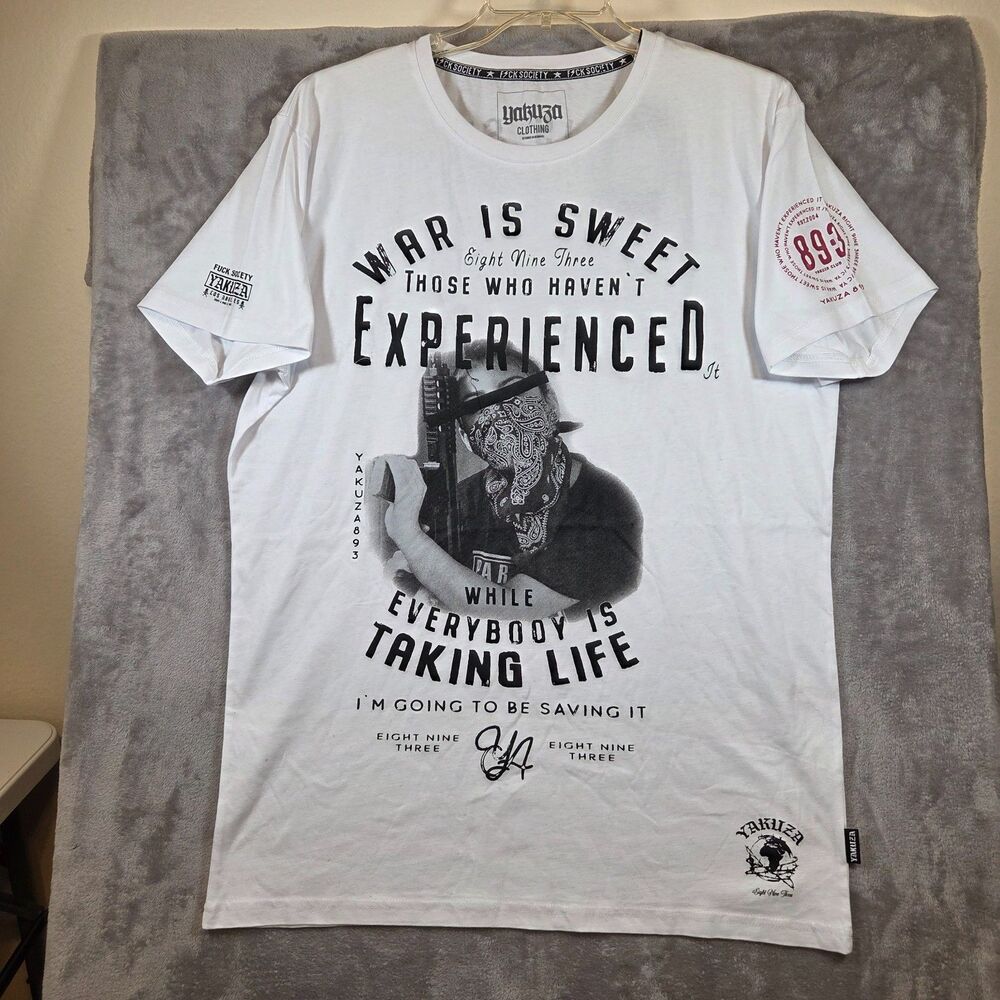 Yakuza Clothing Men's 3XL White T-Shirt Sweet War Graphic Tee Skull Bandana NWT